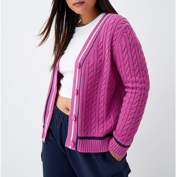 Pink striped edging cable-knit V-neck preppy cardigan NWT - Picture 9 of 9